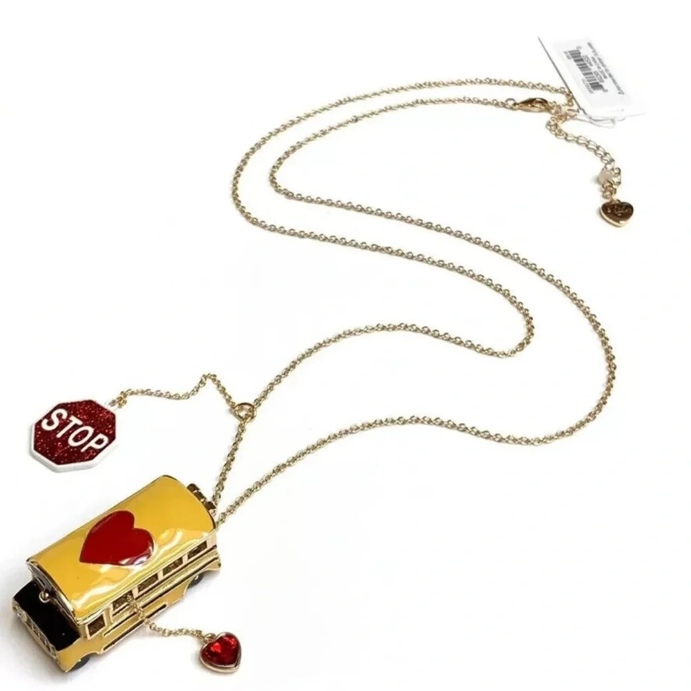 Betsey Johnson BACK TO SCHOOL Gold Tone Yellow Bus Heart Locket Long Nec… - Picture 1 of 14